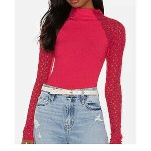 Free People Top  Hot Berry Pink Clemente Mock Neck Ribbed Large